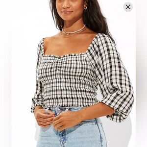 American Eagle Smocked Puff Sleeve Blouse Gingham Black Cream NWT S